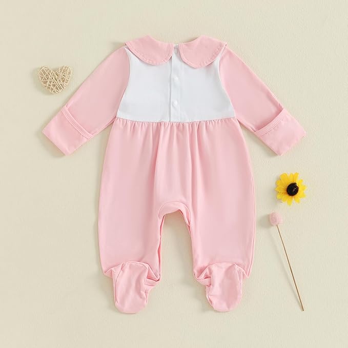 Newborn Baby Girl Footed Romper Onesie Little Sister Embroidery Fall Clothes Coming Home Outfit Vintage Jumpsuit