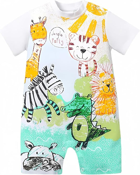 Cute Giraffe + Zebra With Floral Print Long Sleeve Baby Girl Clothes White Jumpsuit For Baby One-Piece Romper