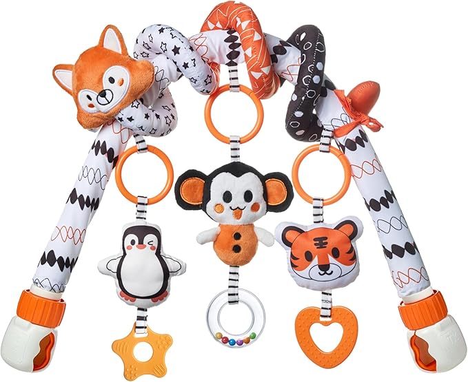 TUMAMA Black and White Baby Stroller Arch Toys, Removable Spiral Hanging Rattle Toys, High Contrast Car Seat and Stroller Toys for Baby 0 3 6 9 12 Months