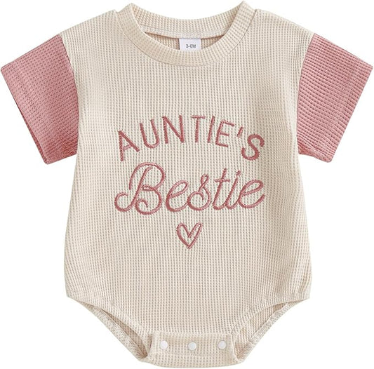 SAYOO Aunties Bestie Baby Girl Clothes Letter Embroidery Waffle Color Block Sweatshirt Bodysuit Fall Bubble Romper Pullover