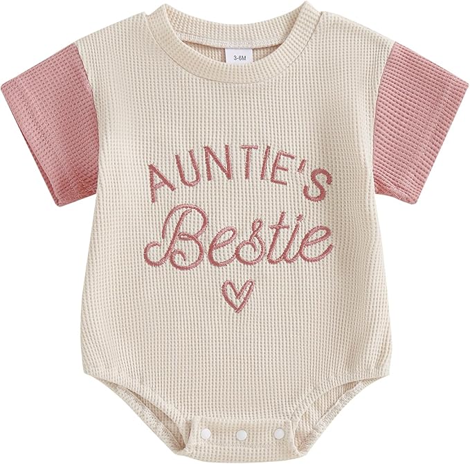SAYOO Aunties Bestie Baby Girl Clothes Letter Embroidery Waffle Color Block Sweatshirt Bodysuit Fall Bubble Romper Pullover
