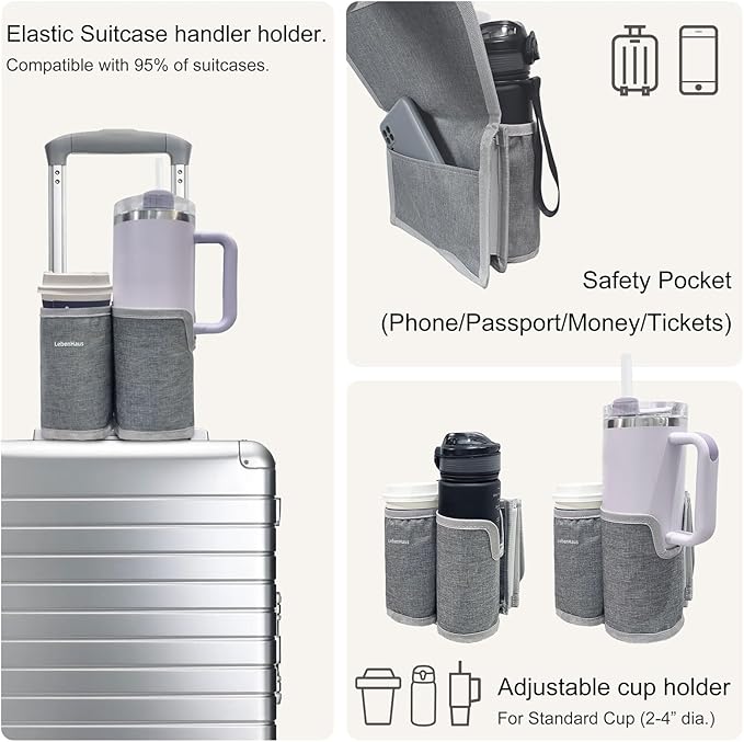 2 in 1 Luggage Cup Holder for Suitcase Airplane Cup Holder for Tray Table Drink Carrier for Stanley Tumblers Coffee Beverage Organizer Luggage Drink Holder Travel Essentials for Flying(gray)