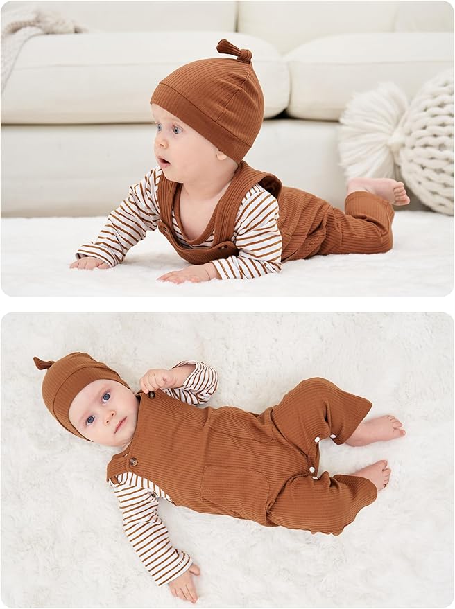 oklady Baby Boy Clothes Stripe Pattern Print Romper Top and Baby Overalls with Hat 0-18 Months Baby Boy Outfits