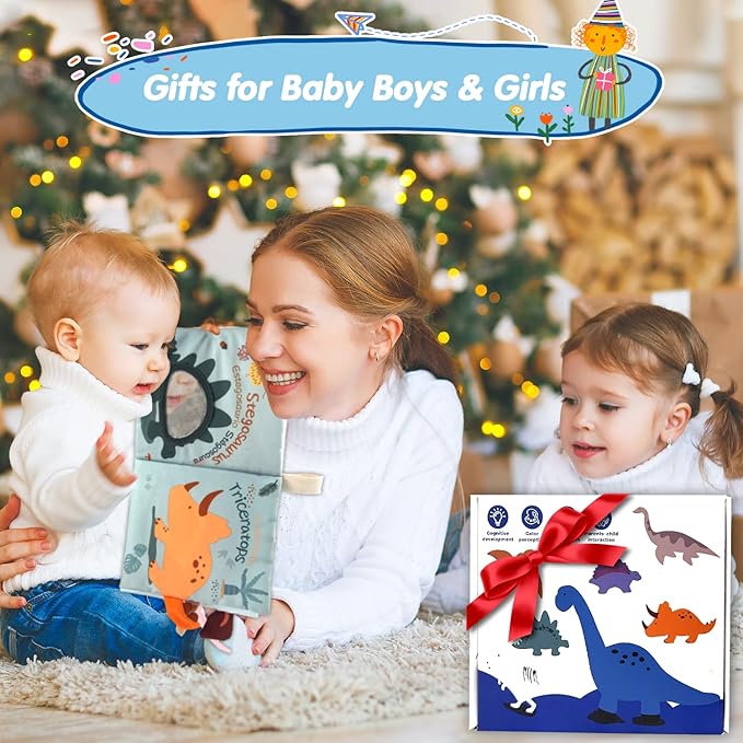 Richgv Baby Books Toys 0-6-12 Months, Baby Boy Gifts Touch and Feel Crinkle Books with Dino Doll, Newborn Infant Carseat Toys 6-9-12 Months Shower Gifts Easter Basket Stuffers