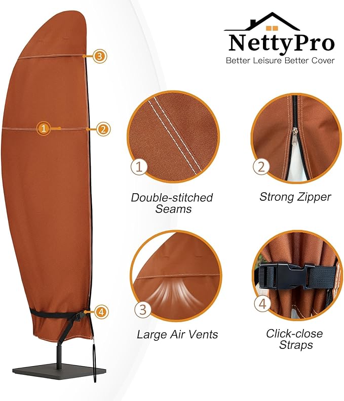 NettyPro Patio Umbrella Cover Outdoor Waterproof Cantilever Parasol Banana Umbrella Cover Fits 12ft to 14ft, Brown