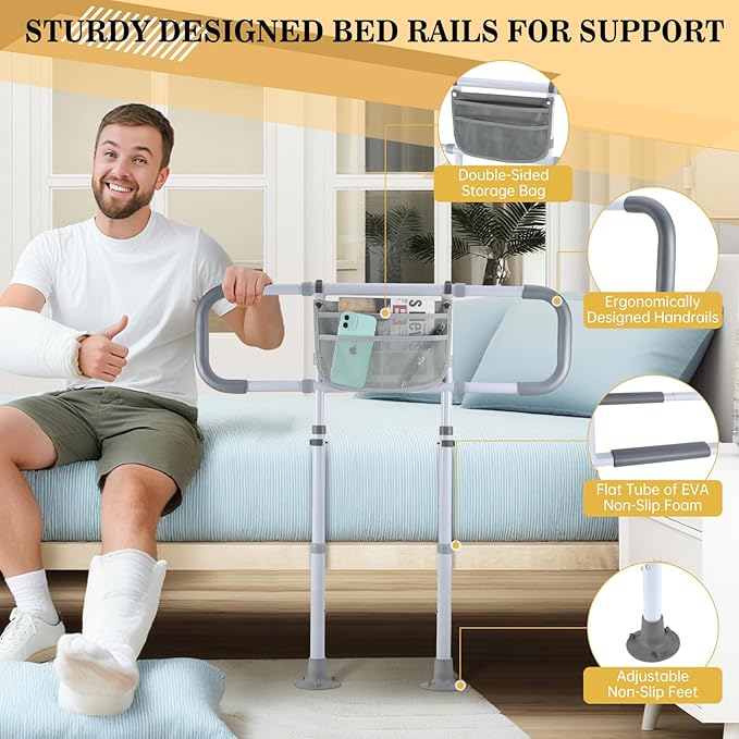 Bed Rails for Elderly Adults Safety, Sturdy Beds Assist Rail for Seniors; Adjustable Beds Rail Stable Bed Cane Guard with Extended Handle Bar - Fit King Queen Full Twin Bed
