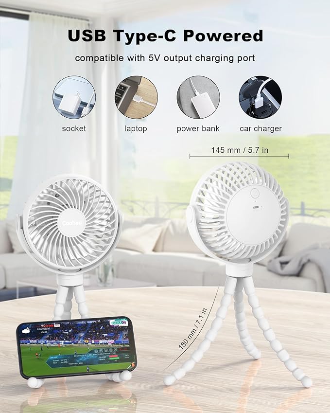 Stroller Fan Clip on for Baby, 4000mAh Rechargeable Battery Operated, Flexible Tripod, 3 Wind Speed, 360° Rotatable, Small Portable Fan for Car Seat Crib Golf Cart Bike Beach Travel, White