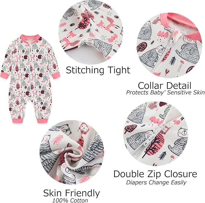 Newborn Baby 2-way Zipper Romper Cotton One-piece Jumsuit 3-pack, 0-24 Months