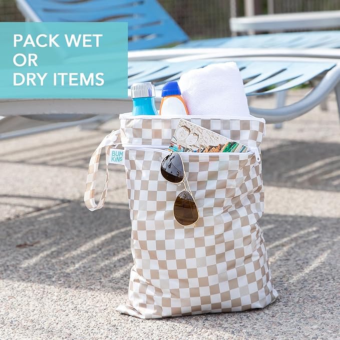 Bumkins Waterproof Wet Dry Bag for Baby, Travel, Swim Suit, Cloth Diapers, Pump Parts, Pool, Beach, Gym Clothes, Toiletry, Hook to Stroller, Daycare, Zipper Reusable Wetdry Packing Pouch, Beige Check