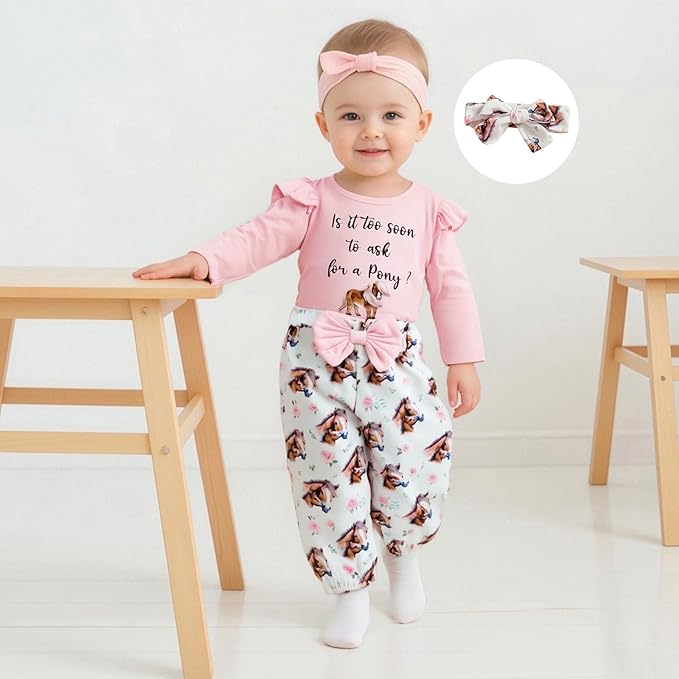 Fernvia Western Newborn Baby Girl Clothes Long Sleeve Letter Print Romper Animal Print Pants Headband 3Pcs Outfits Sets