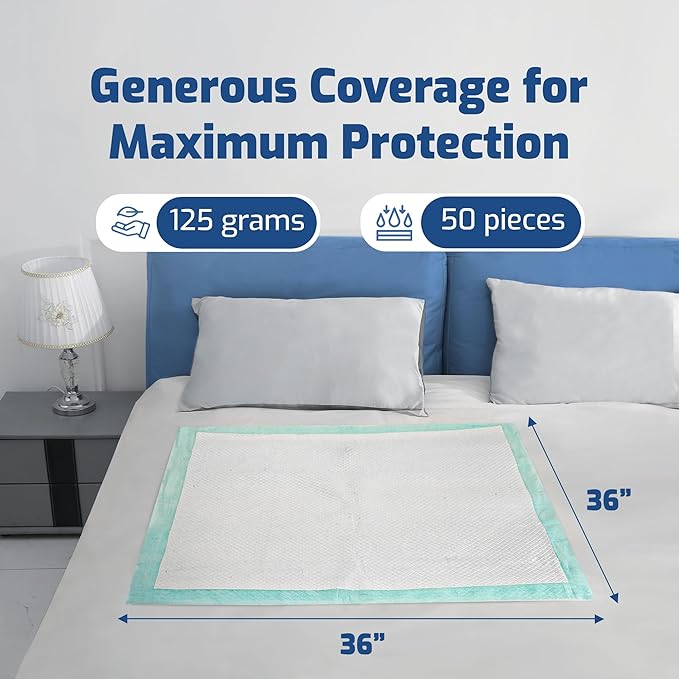 50 Pack Adhesive Disposable Bed Pads for Adults 125 Gram - 3XL 36"x36" Non Slip Chucks Pads Disposable Adult, Incontinence Bed Pads - Disposable Underpads, Waterproof Heavy Duty Pee Pads for Adults