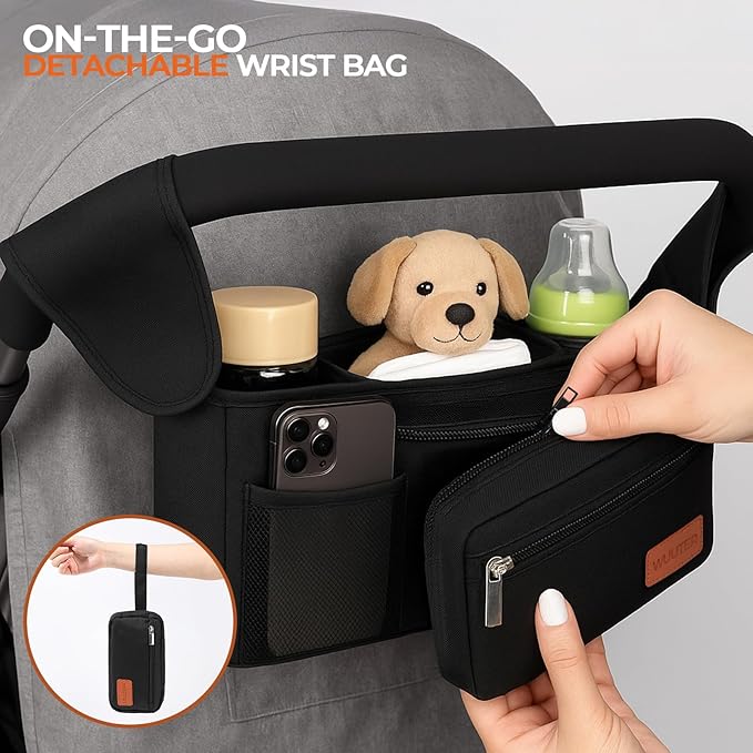 Universal Stroller Organizer with Insulated Cup Holder & Detachable Wristlet Large Capacity Baby Stroller Bag Organizer for Mom, Baby Jogger, Uppababy, Britax, BOB, Umbrella & Pet Strollers(Black)