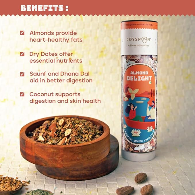 JoySpoon Almond Delight Mukhwas Mouth Freshener | Supari-Free Mouth Freshner with Almonds, Coconut, Dates & Fennel Seeds | Traditional Mouth Fresheners | Sugar-Free Healthy Snack | Mukhwas for Digestion, 200g