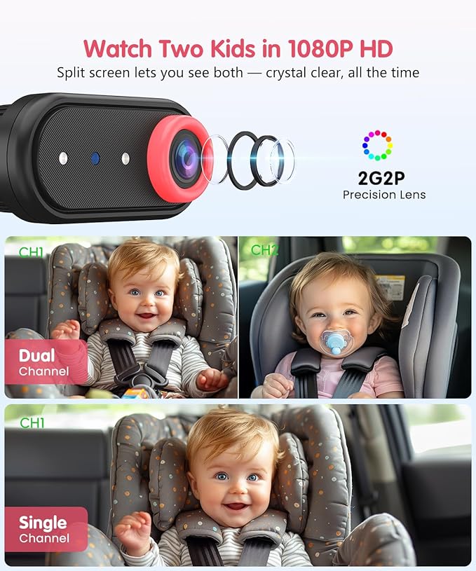 BM2 PRO Dual Baby Car Camera, 5.2" 1080P HD Display for Rear-Facing Car Seats, IR Night Vision, Anti-Shake Mount, Easy Install – Ideal for Parents with 2 Kids and Pets