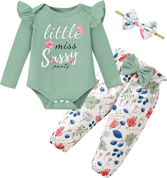 Baby Girl Clothes Newborn Infant Cotton Ruffle Romper+ Floral Pants + Headband Sets Fall Winter Outfits