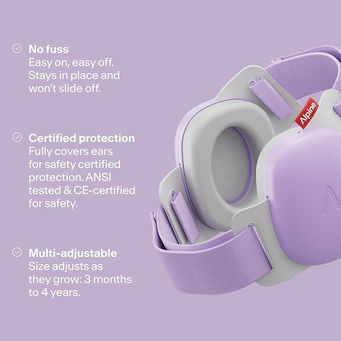 Alpine Muffy Baby Comfort - Protects Hearing for Babies and Toddlers - CE & ANSI Certified - Unique Headband for Safe fit & Comfort, Multi-adjustable for Ages 3-48 Months, 24dB Sound Reduction, Purple