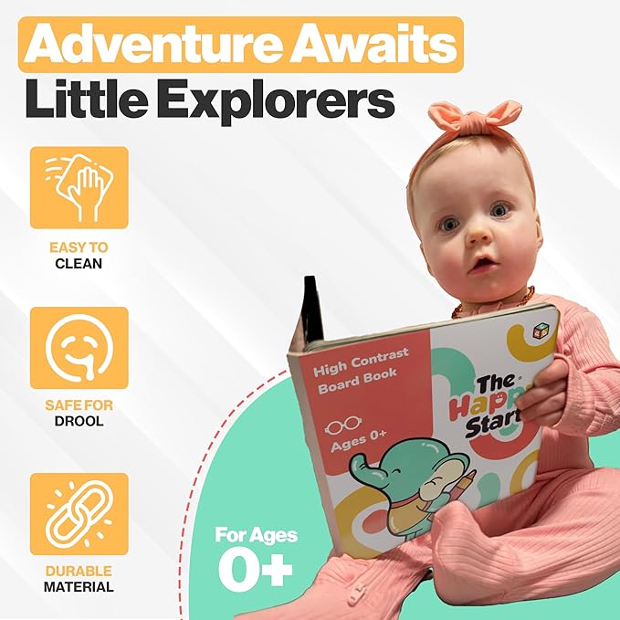 Happy Start Award-Winning High Contrast Board Book - Newborn Black & White Baby Cards, Easy to Clean, Hospital Approved, Stands on Its Own, Tummy Time Toy, Ages 0+ (English)