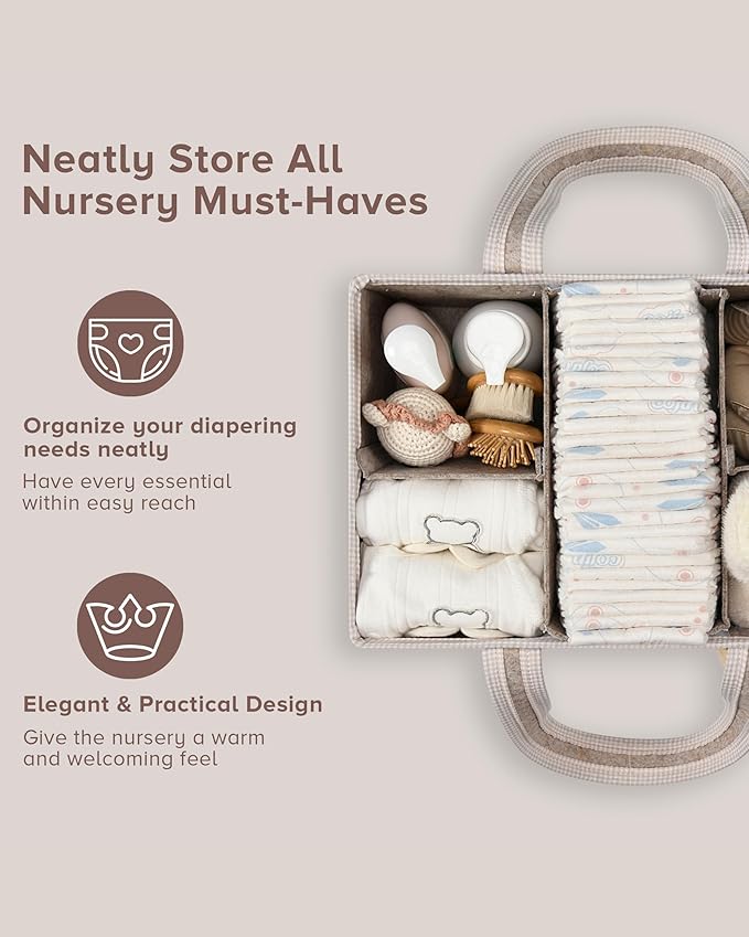 PeraBella XL Diaper Caddy Organizer With Handle, Baby Shower Gifts Basket Bag, Registry Search Must Haves Items, Newborn Girl Boy Nursery Storage Organizer, Baby Bag Essentials, Car Diaper Caddy Cart