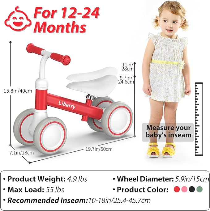 Liberry Baby Balance Bike for 1 Year Old Girls, 4 Wheels Toddler Balance Bike with Adjustable Seat, 12-24 Months Infant's First Birthday Gift (Red)