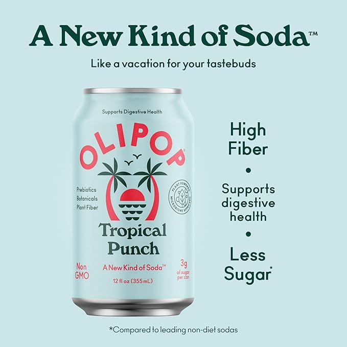 OLIPOP Prebiotic Soda Pop, Tropical Punch, A New Kind of Soda Packed with Prebiotics, Fiber, and Botanicals, Gluten Free, Vegan, GMO Free, 12oz (12-Cans)