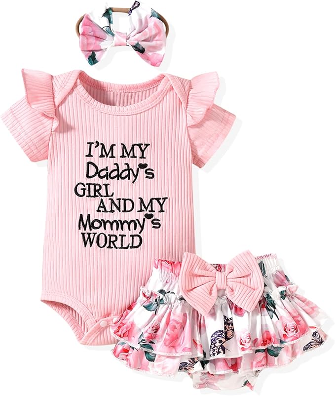 HIHA Infant Baby Girl Summer Clothes Letter Print Bodysuit Floral Shorts Outfit with Headband