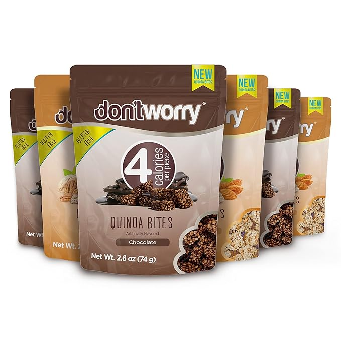 Don't Worry Chocolate Quinoa Bites - Low Calorie Snacks, Only 4 Calories per Piece!, Healthy Chocolate Granola Bars, Low Carb Quinoa Snacks, Gluten Free Protein Cookies - (Almond Pecan, 6 Pack)