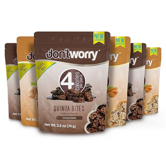 Don't Worry Chocolate Quinoa Bites - Low Calorie Snacks, Only 4 Calories per Piece!, Healthy Chocolate Granola Bars, Low Carb Quinoa Snacks, Gluten Free Protein Cookies - (Almond Pecan, 6 Pack)