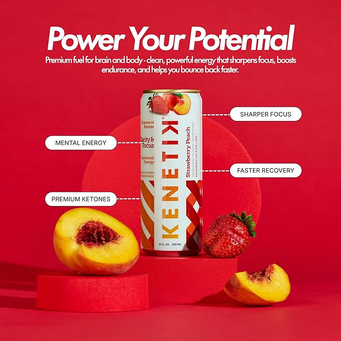 KENETIK Nootropic Ketone Drink, Ketones for Energy & Focus, Caffeine & Sugar Free, High Performance D-BHB Ketone Mix, Fuel w/Zero Crash or Jitters, Ready to Drink - Strawberry Peach 12 Pk