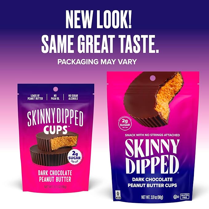 SkinnyDipped Dark Chocolate Peanut Butter Cups, 2g Sugar per Cup, Keto Friendly, Low Carb, Gluten Free, 3.2oz, 4 Pack (24 Cups Total)