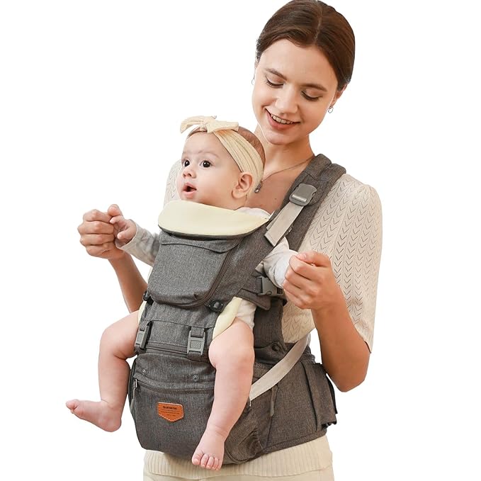 SUNVENO 3 in 1 Ergonomic Baby Carrier with Hip Seat for Newborns and Toddlers, Supports 20 lbs and Up, Waist and Back Relief with Large Weight Capacity for All Season Use, Grey
