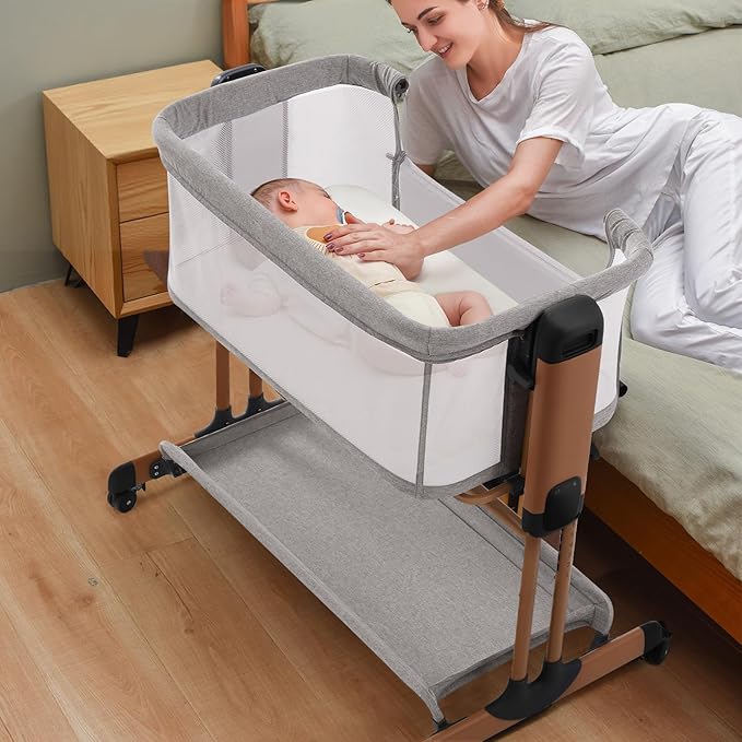 3 in 1 Baby Bassinet, Rocking Bassinets with Comfy Mattress and Wheels, Adjustable Height Bassinet Bedside Sleeper, Easy Folding Portable Crib for Newborn (Grey)