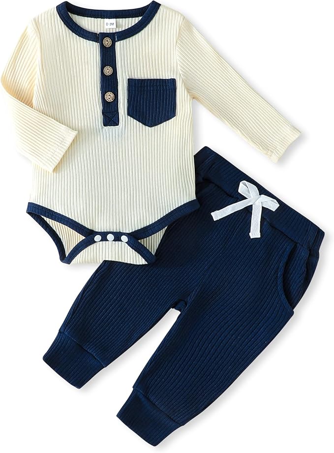 Newborn Baby Boy Girl Clothes Ribbed Knit Cotton Long Sleeve Romper Long Pant Preemie Solid Color Unisex Outfits