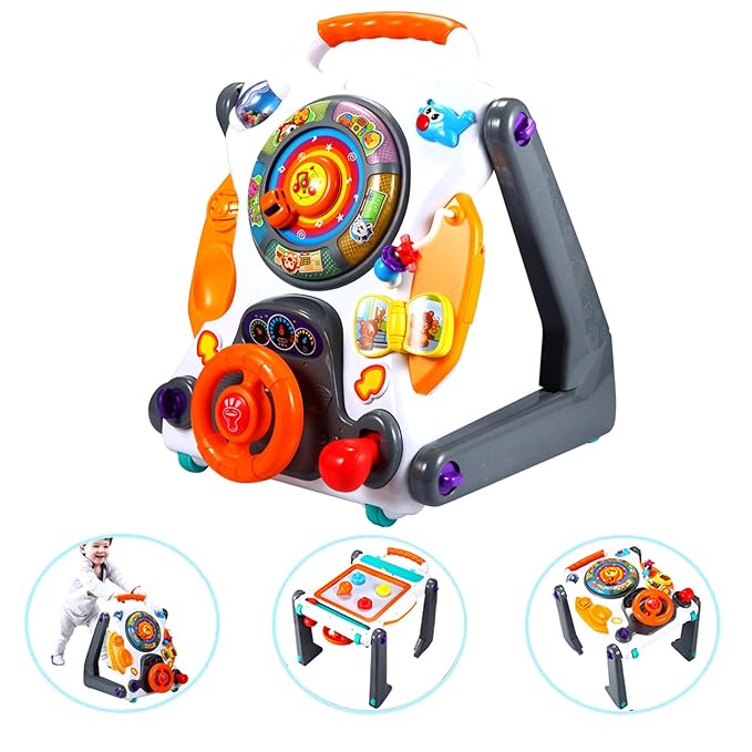 NuoPeng 3-in-1 sit-to-Stand Baby Walker, an All in 1 Learning Walker, Entertainment Table, Drawing Board for Infant Development (White/Gray)