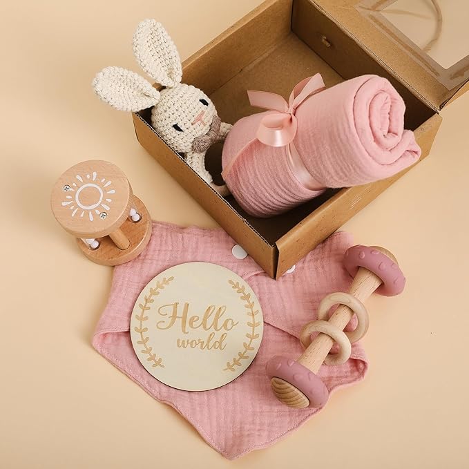 WOODEN TEETHER 6 pcs Baby Gift Set for Newborn Pink Baby Shower Gifts for Girls Baby Girl Gift Basket - Adorable & Safe Newborn Essentials