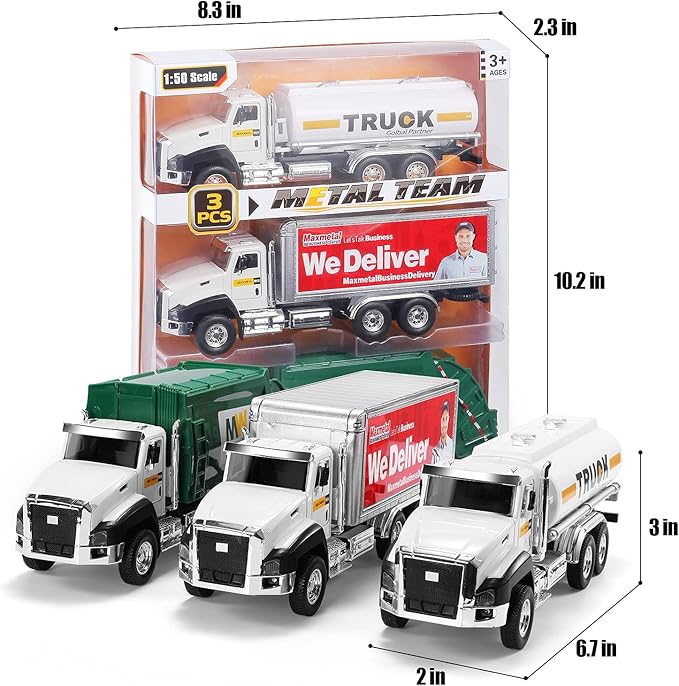 TEMI 3 Pack of Diecast City Transport Vehicles, Garbage, Tanker, Express Delivery, 1/50 Scale Metal Collectible Models With Opening Doors for Boys and Girls