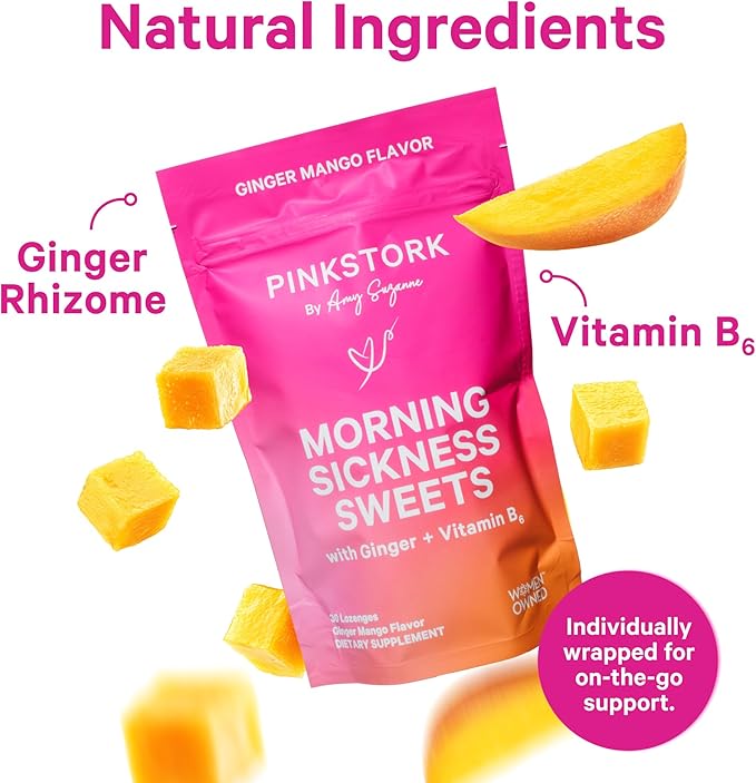 Pink Stork Morning Sickness Sweets, Organic Mango Ginger Candy with Vitamin B6 for Morning Sickness, Motion Sickness, Prenatal Heartburn - Pregnancy Must Haves - 30 Wrapped Drops
