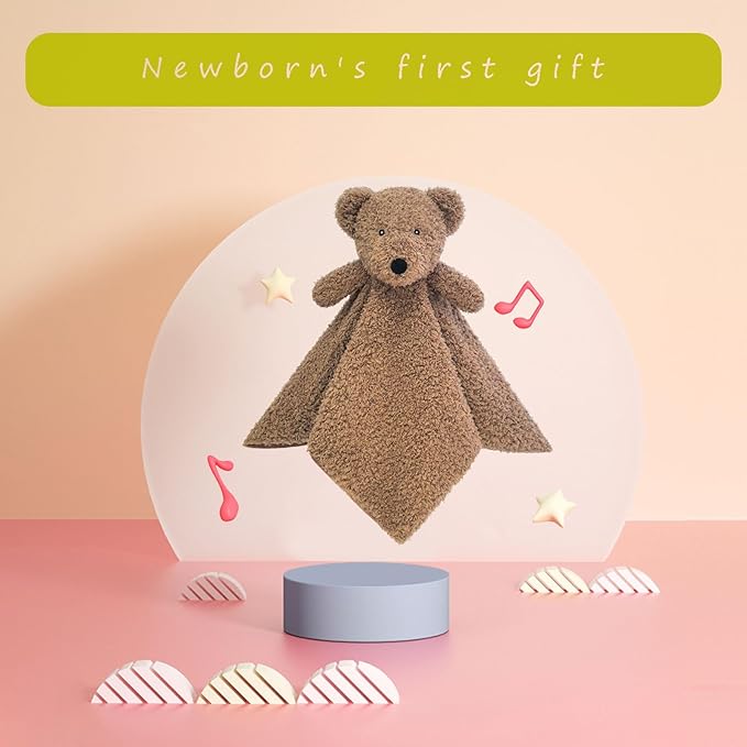 Baby Dark Brown Teddy Bear Soft Stuffed Animal Security Blanket, Plush Bear Character Lovey Blanket, Baby Shower/Nursery Gift, Newborn Infant Toddler Snuggle Blankie for Boys Girls, 14 Inches