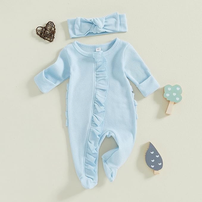 Fanvereka Newborn Infant Baby Girl Fall Outfit Romper 3 6 12 Months Girls Long Sleeve Full Length Zipper Footie Headband