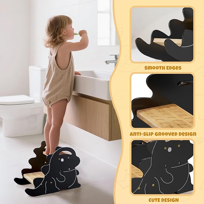 COSYLAND 2 Step Stool for Kids – Height Adjustable Non-Slip Toddler Stepping Stool for Bathroom Sink & Potty Training - Dinosaur Shaped Kids Stool for Kitchen, Bedroom & Home (Natural & Grey)