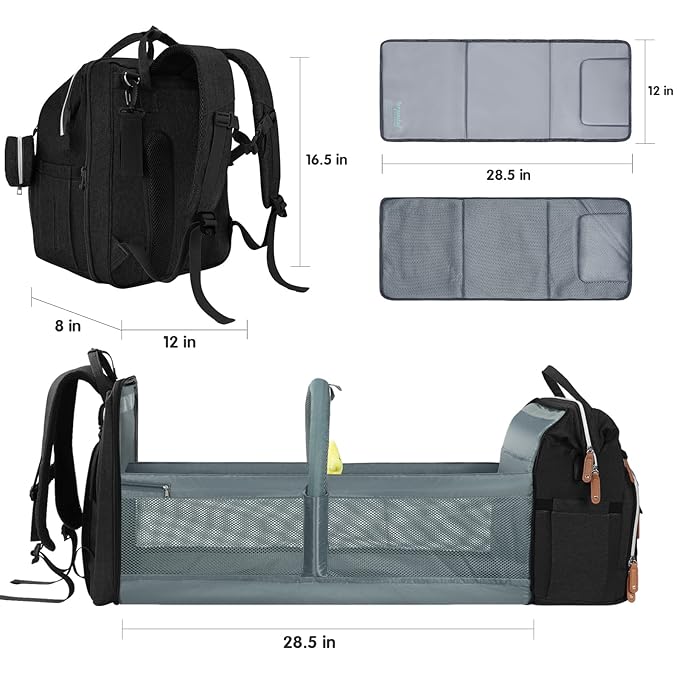 DERJUNSTAR Baby Diaper Bag Backpack, Diaper Changing Station, Baby Bags for Boys Girls,Waterproof Changing Pad,USB Charging Port,Pacifier Case, Sunshade and Toy Bar,