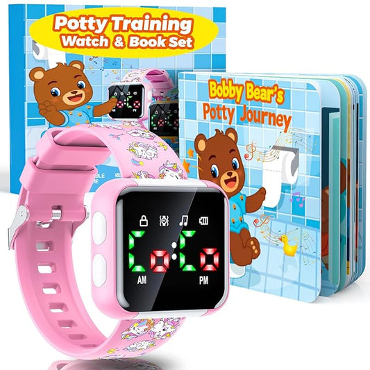 Potty Training Watch and Board Book for Toddler Girls: Adjustable Volume Potty Watches for Kids Water Resistant Toilet Timer Alarm Unicorn Toddler Watch Gifts for 1 2 3 4 5 Year Old Girl (Pink)
