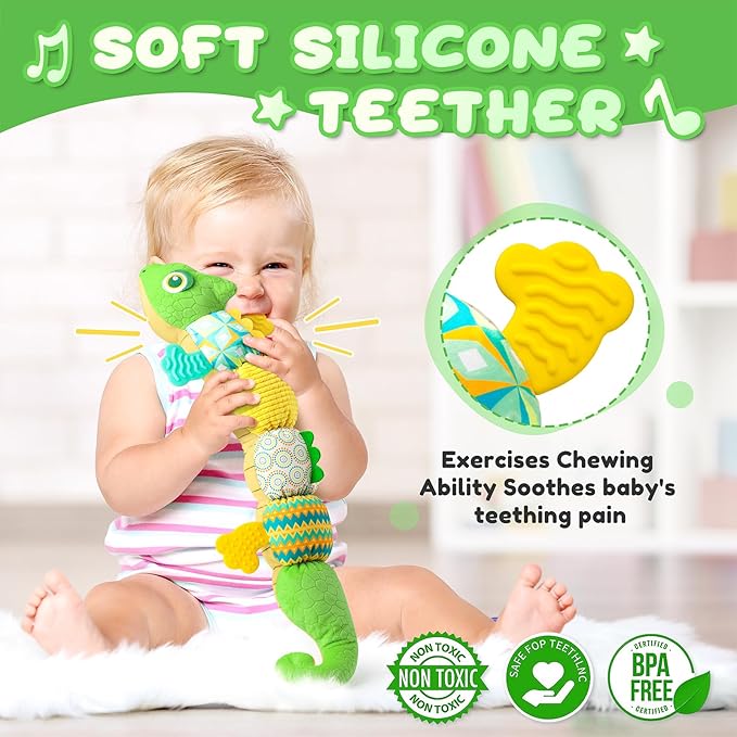 Baby Toys 0-6-12 Months, Musical Stuffed Animal Activity Soft Toys with Multi-Sensory Crinkle,Rattles and Textures,Infant Tummy Time Toys for Newborn Boys Girls,Dinosaur,Green