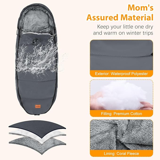 Zooawa Warm Bunting Bag Universal, Waterproof Baby Stroller Sleeping Bag for Cold Weather, Stroller Toddler Footmuff, Extra Thick, Fits 6-36 Months Baby, Gray