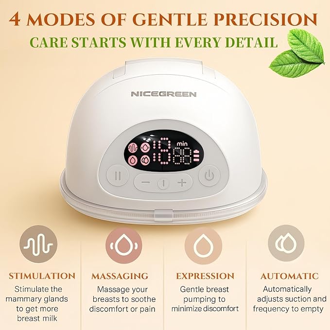 NICEGREEN Wearable Breast Pump S32, Hospital-Grade Hands-Free Electric Breastfeeding Pump, 9 Adjustable Suction Levels, Portable Wireless Double Breast Pump with Carrying Bag, 24mm, 2 Pack, Grey