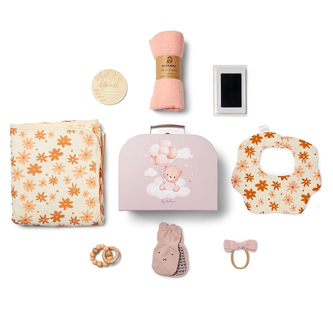 Baby Gift Set Girl - Unique Baby Shower Gifts & Newborn Essentials: Teether Toy, Blanket, Muslin Swaddle, Birth Record, Print Kit, Nemo Socks, Hair Bow, Pink