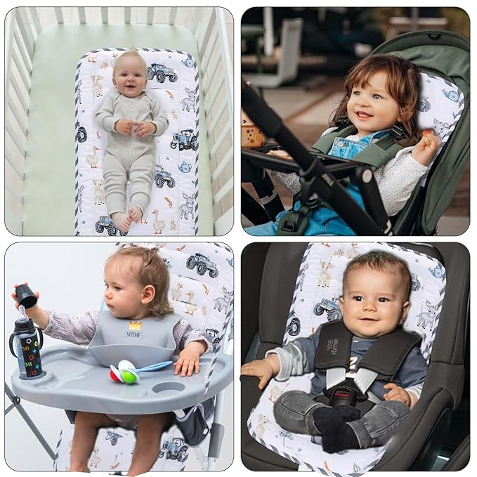 Baby Stroller Cushion,Infant Car Seat Insert-Reversible Universal Breathable and Soft Newborn Stroller Mat,100% Cotton Cover Toddler Seat Pad Liner-34x78cm,1 Pack(Car+Gray Stripes)