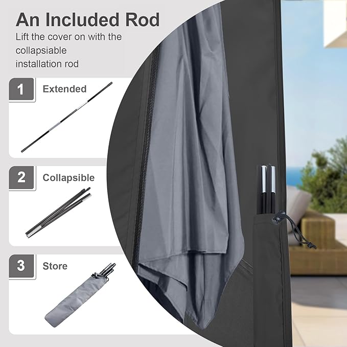 Patio Waterproof Umbrella Cover, Outdoor Offset Parasol Cover for 7.5-11.5 Feet Cantilever Banana Frame Umbrella, Black