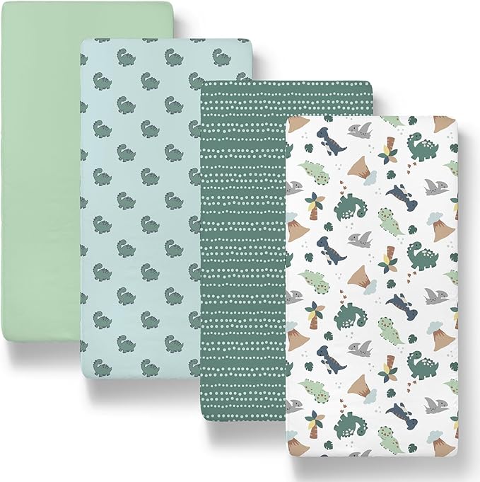 The Peanutshell Baby Bassinet Sheets 4-Pack for Boy - Soft, Oval & Fitted Baby Boys Sheet, Rectangle, Fitted Covers for Crib, Halo Bassinet Mattress - Green Dino