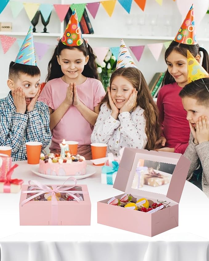 COTOPHER 10Pcs Cookie Boxes with Ribbons, 9x6x3 Inch Bakery Boxes with Window, Pink Treat Containers for Pastries, Chocolate Covered Strawberries, Dessert, Easter Candy, Muffins, Donuts