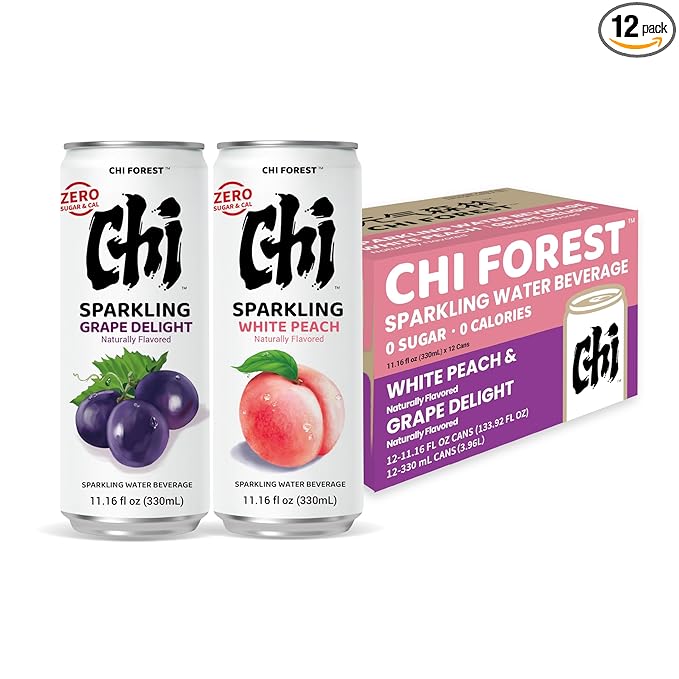 CHI FOREST Sparkling Water Beverage, Peach & Grape drinks, Zero Sugar or Artificial Flavor, 11.16 fl oz Cans (Pack of 12)